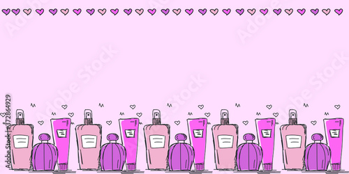 Pink cosmetics and perfumes on a light background. Banner for beauty salon or online store of cosmetics.