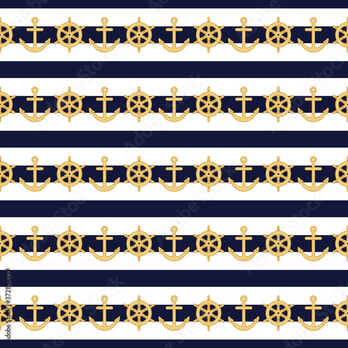 Nautical navy blue and white stripes with steering wheel and anchors semaless pattern. Sailing and marine background
