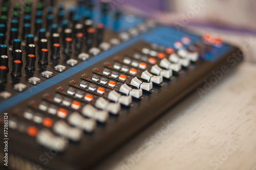 Detail of the controls of an Audio Mixing Console