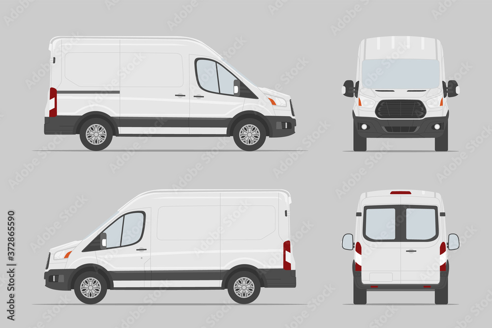 Commercial vehicle different view. Cargo van template. Vector illustration