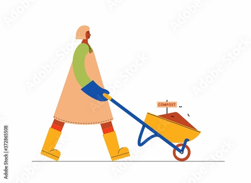 Female farmer, gardener, with wheelbarrow full of compost. Vector flat illustration