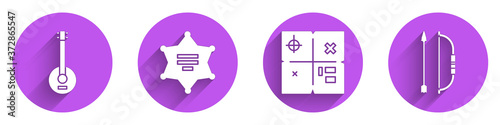 Set Banjo, Hexagram sheriff, Treasure map and Bow and arrow in quiver icon with long shadow. Vector.