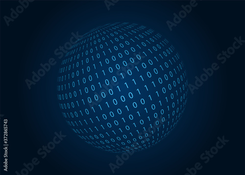 Digital binary code sphere. Blue background. Vector illustration.