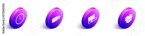 Set Isometric Fast time delivery, Envelope, Cardboard box with free symbol and Carton cardboard box icon. Vector.