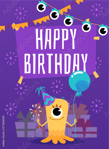 Birthday monster card design with cute creature in cap flat vector illustration.
