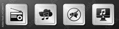 Set Radio with antenna, Music streaming service, Speaker mute and Computer with music note icon. Silver square button. Vector.