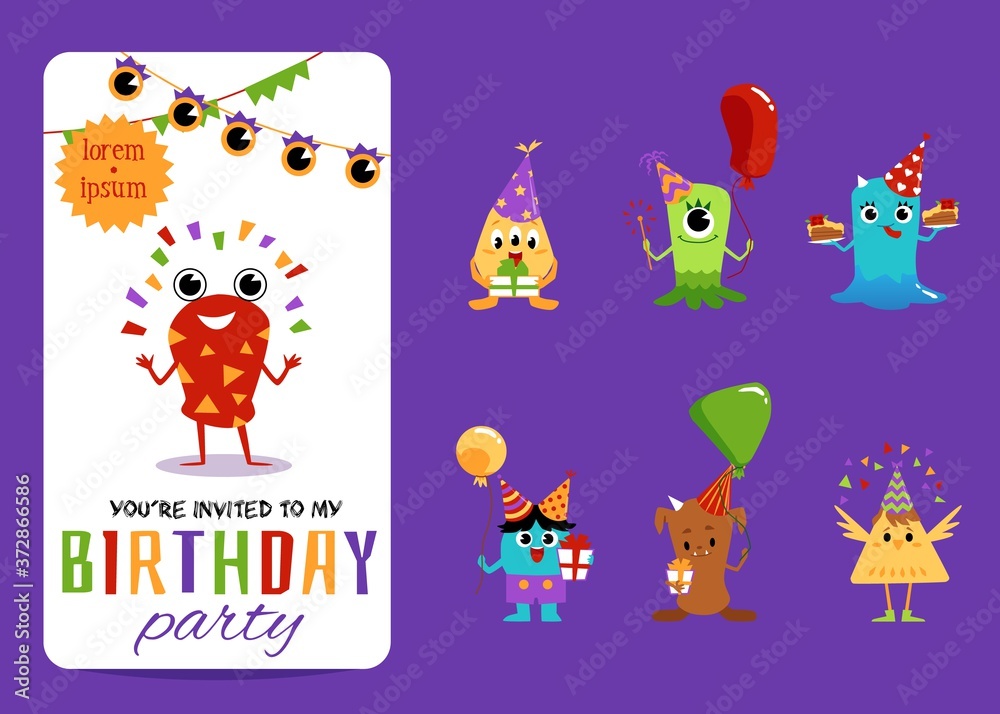 Birthday party invitation card and monsters set vector illustration isolated. Birthday party invitation card and monsters set vector illustration isolated.
