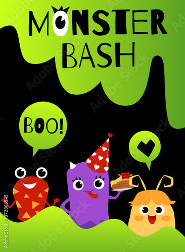 Monster bash inscription and cute monsters characters flat vector illustration.