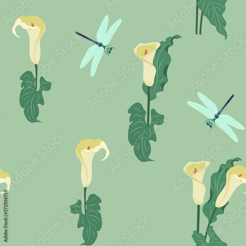 Seamless vector illustration with delicate flowers calla lilies and dragonflies