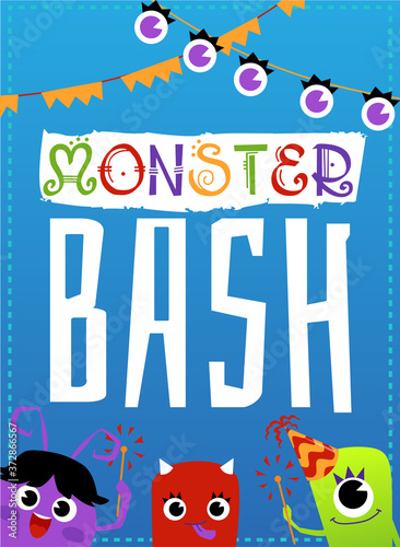 Monster bash - birthday party poster with cute cartoon alien monsters