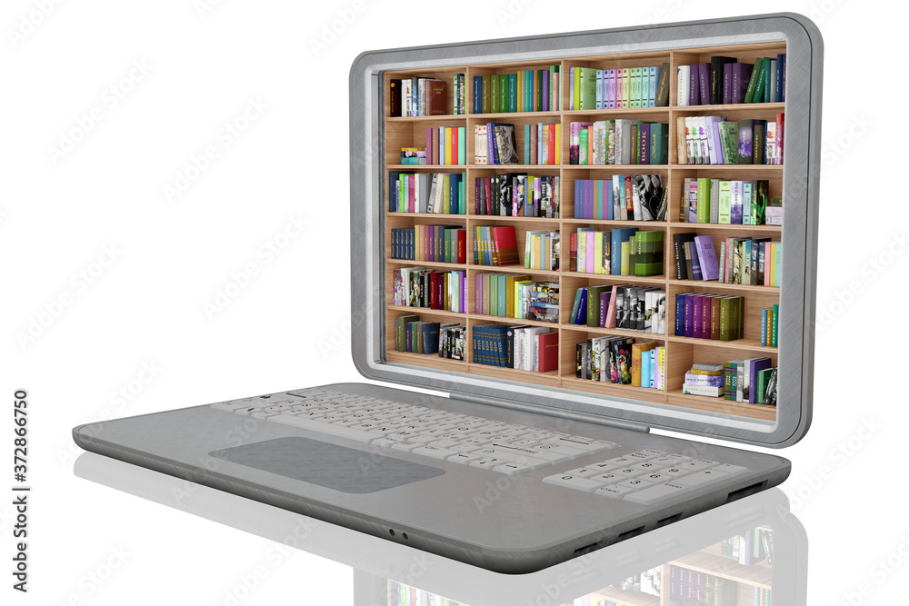 Libreria, con tanti libri, all'interno di computer portatile. Ebook, libri elettronici, in download disponibili su dispositivo informatico portatile.. Libreria, con tanti libri, all'interno di computer portatile. Ebook, libri elettronici, in download disponibili su dispositivo informatico portatile..