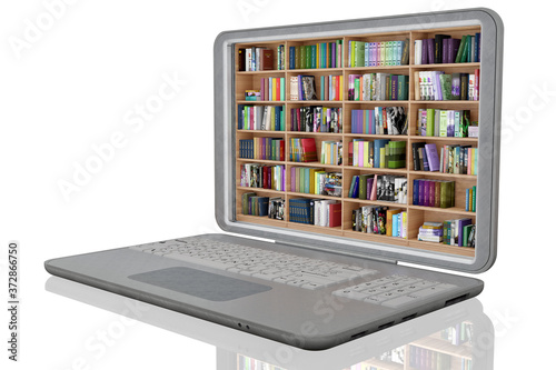 Libreria, con tanti libri, all'interno di computer portatile. Ebook, libri elettronici, in download disponibili su dispositivo informatico portatile.. photo