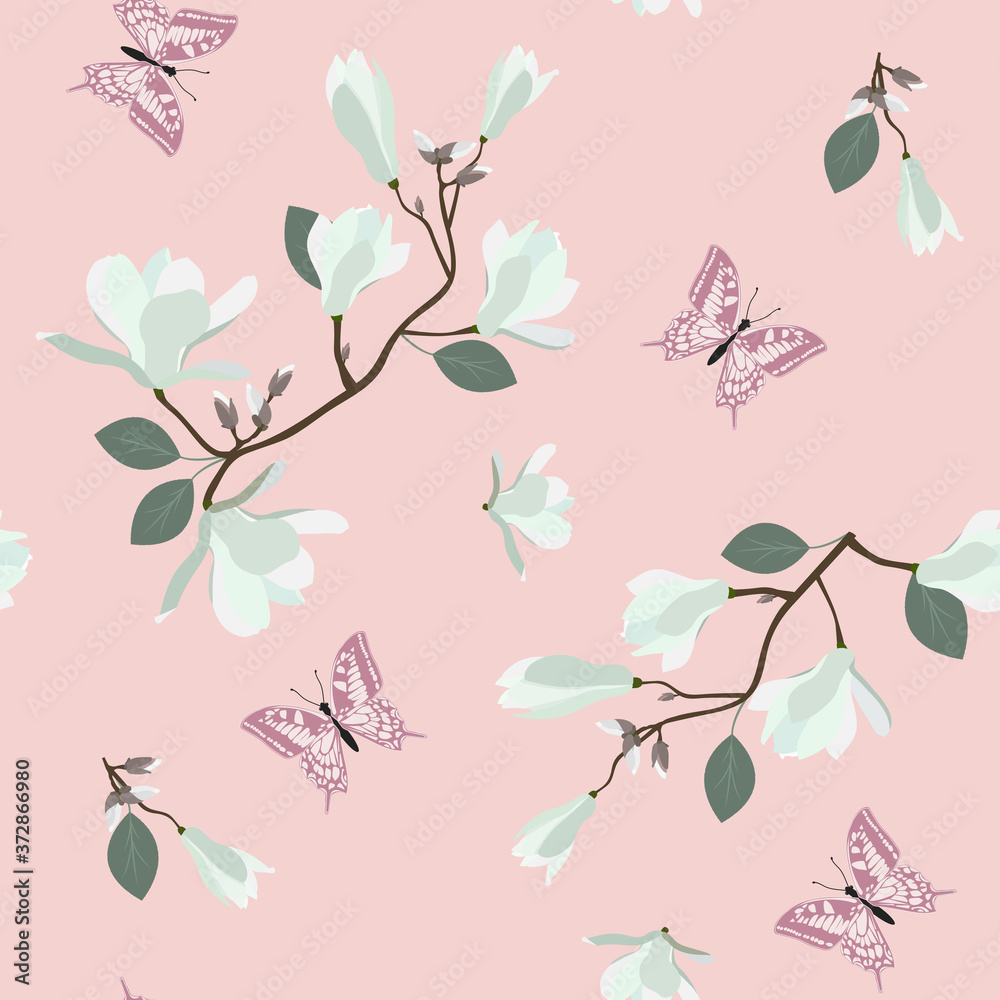 Seamless vector illustration with white magnolia flowers and butterfly.