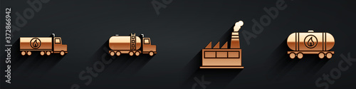 Set Tanker truck, Tanker truck, Oil industrial factory building and Oil railway cistern icon with long shadow. Vector.