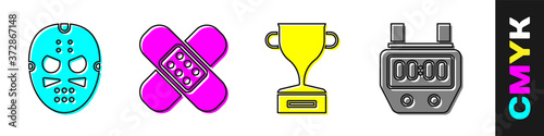 Set Hockey mask, Crossed bandage plaster, Award cup and Stopwatch icon. Vector.