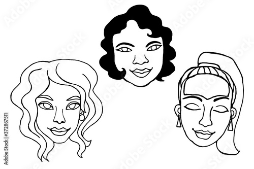 Set of Outline people faces . Hand drawn heads of a man, woman, kid, boy or girl in the style of a Doodle, isolated on a white background. Different and beautiful