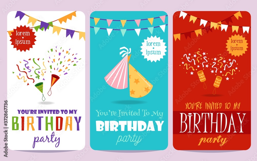 Obraz premium Colorful birthday party invitation set - festive card template collection