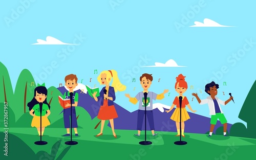 Kid music choir singing in nature - cartoon children performing a song