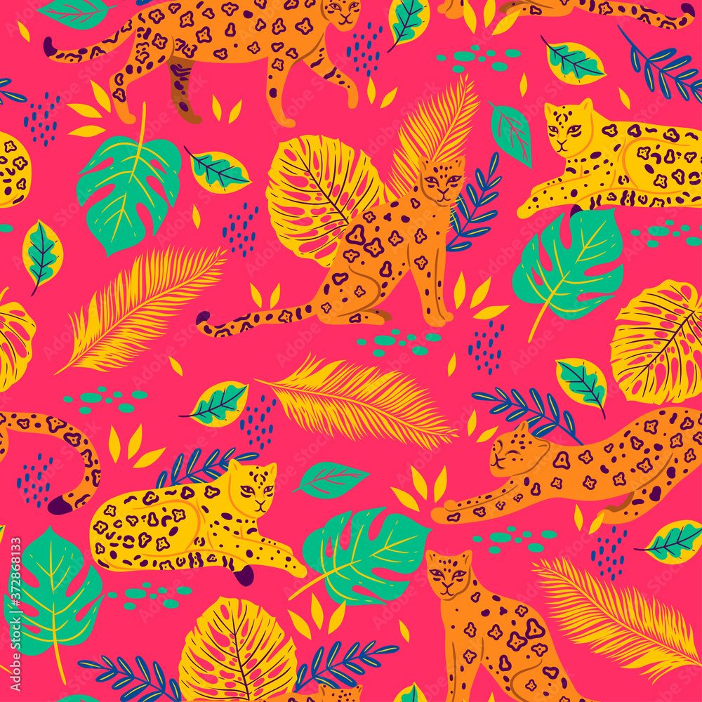 Obraz premium Seamless pattern with tropical leaves and leopards.Vector graphics.
