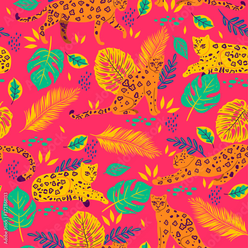 Seamless pattern with tropical leaves and leopards.Vector graphics.