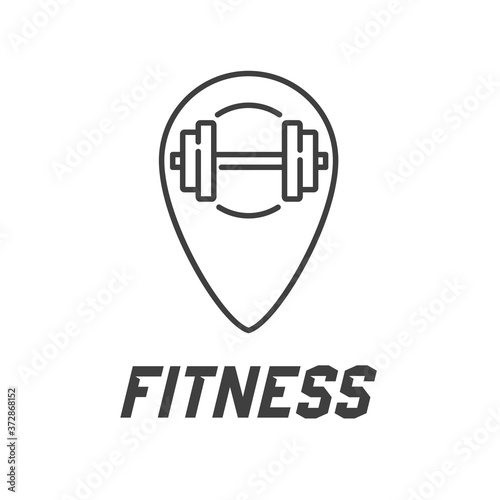 Concepto gimnasio. Logotipo Fitness con barra con pesas en puntero lineal en color gris