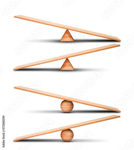 Business Concept : Wooden seesaw or balance scales isolated on white background.