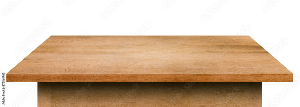 Obraz premium Side view of Wooden table isolated on white background.