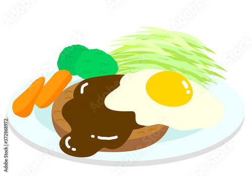 ハンバーグと目玉焼きのプレートイラスト素材