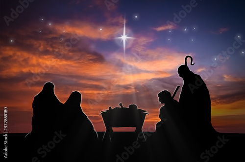 Foto Christmas nativity scene of baby Jesus in the manger with Joseph, Mary and sheph