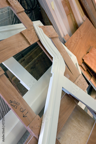 Wooden parts of a super sailing yacht. Ship building industry. Mock up parts.