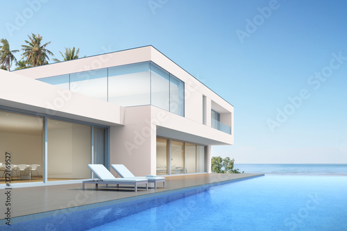 3d render of beach house with swimming pool on sea background, Modern exterior.  © nuchao