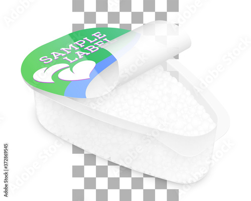 Labeled drop shape open transparent plastic container with grain curd within. Vector mockup illustration.