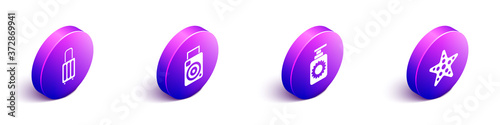 Set Isometric Suitcase, Photo camera, Sunscreen spray bottle and Starfish icon. Vector.