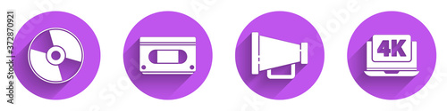 Set CD or DVD disk, VHS video cassette tape, Megaphone and Laptop with 4k video icon with long shadow. Vector.