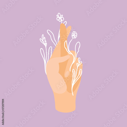 Vector illustration hand crosses fingers for good luck with doodle flowers. Flat and line art isolated. Trend, fashionable, naturalness and minimalism, t-shirt print, postcard, print, logo