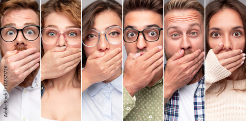 Fényképezés Shocked young people covering mouths