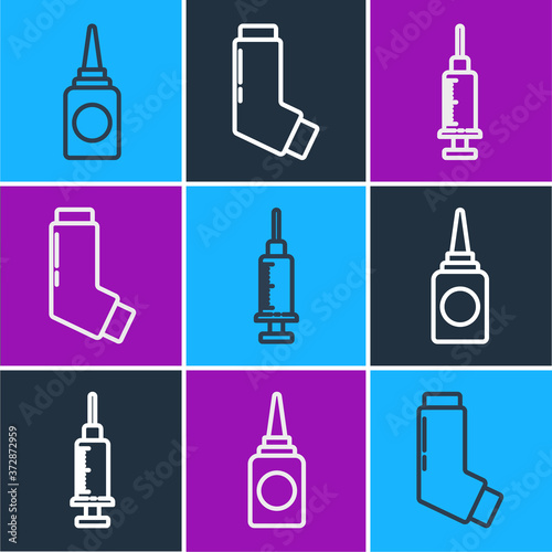 Set line Bottle nasal spray, Syringe and Inhaler icon. Vector.