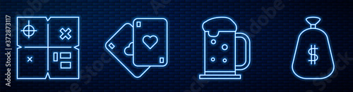 Set line Wooden beer mug, Treasure map, Playing cards, Money bag and Military knife. Glowing neon icon on brick wall. Vector.