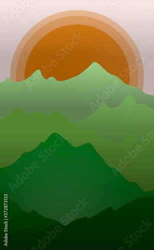 Green mountains and orange sun abstract illustration. Simple AI illustration landscape.