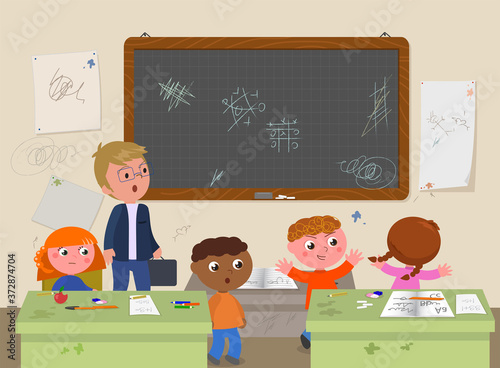 Dirty school classroom with teacher and naughty children vector illustration