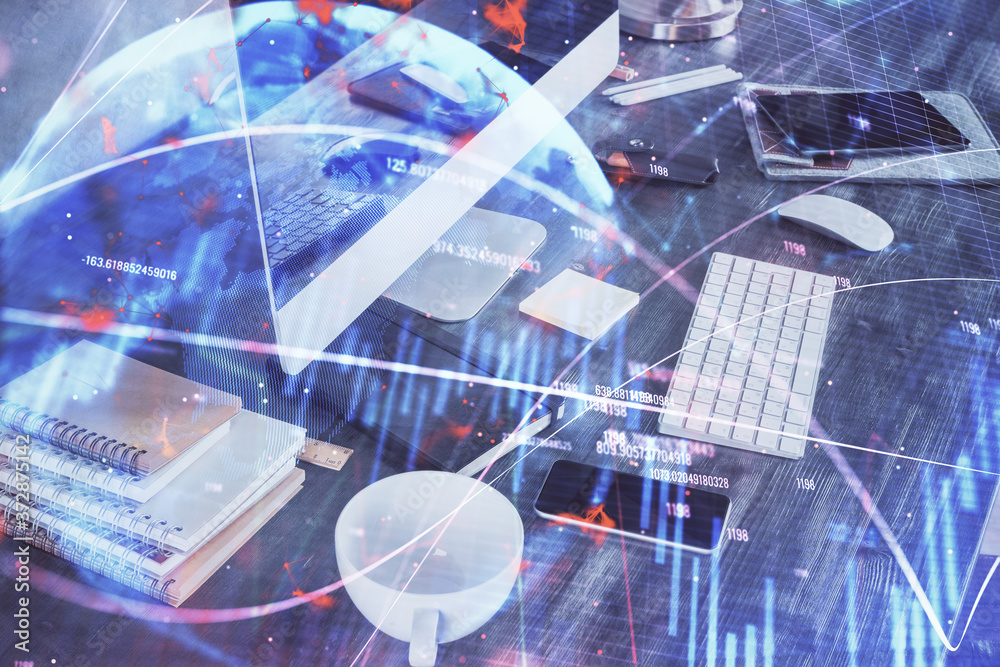 Double exposure of graph and financial info and work space with computer background. Concept of international online trading. Double exposure of graph and financial info and work space with computer background. Concept of international online trading.