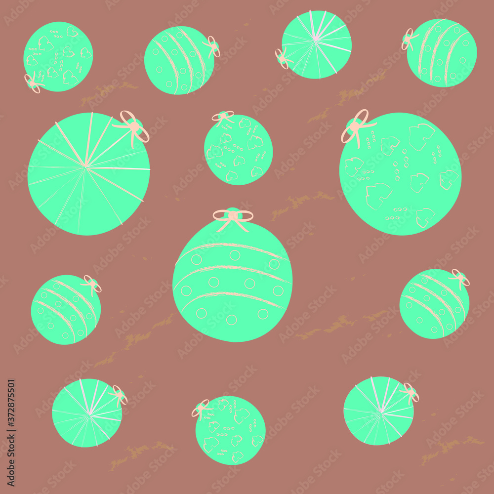 Christmas ornamental. New year elements. Soft turquoise balls at the brown backdrop. Image for wallpaper, background, textile, design and postcard. Vector illustration.
