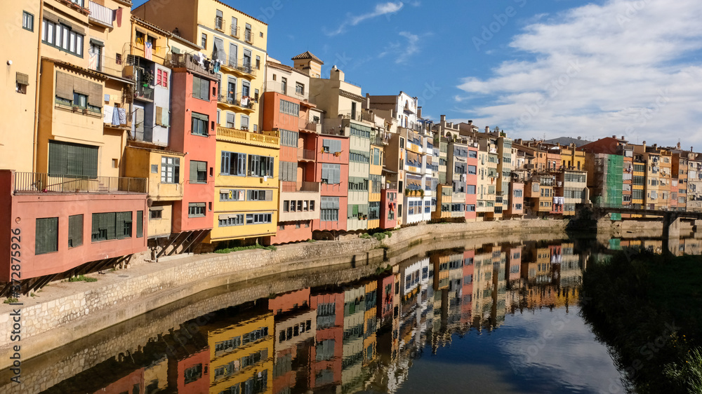 Reflection of colourful houses on girona river