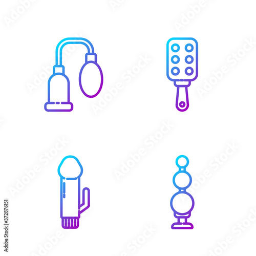 Set line Anal beads, Dildo vibrator, Penis pump and Spanking paddle. Gradient color icons. Vector.