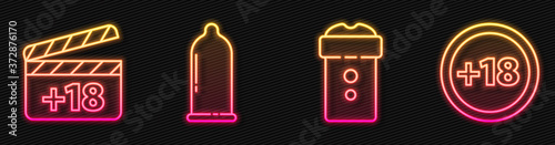 Set line Vagina masturbator, Movie clapper with 18 plus content, Condom and Plus 18 movie. Glowing neon icon. Vector.