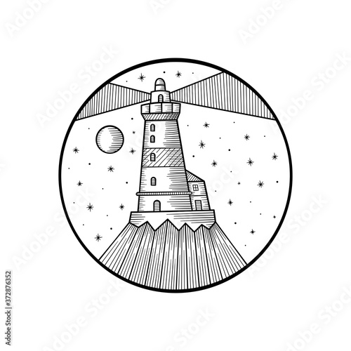 Hand drawn illustration of lighthouse with rays and waves. Tattoo artwork. Template for card, poster, banner, print for t-shirt. Vector illustration.