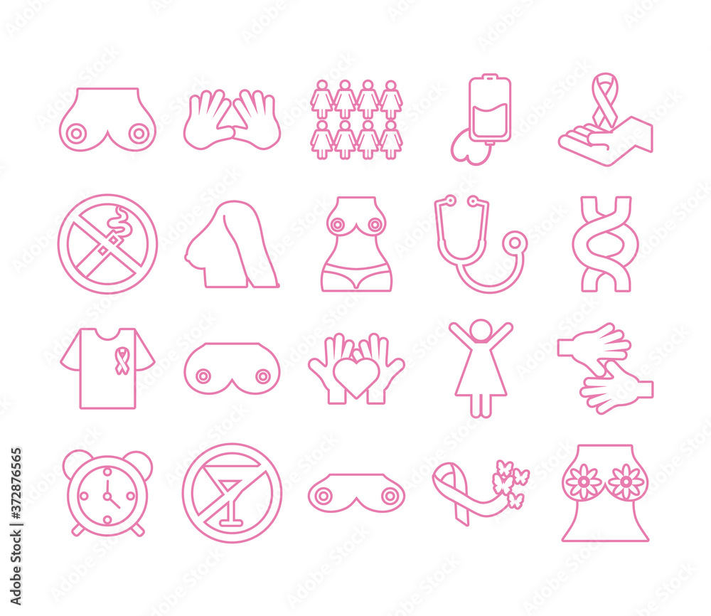 bundle of twenty breast cancer set icons
