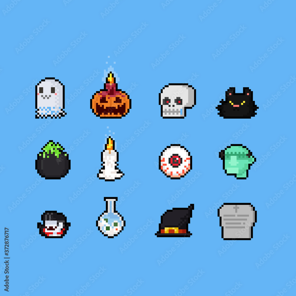 Pixel art cartoon halloween icon set. Векторный объект Stock | Adobe Stock