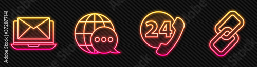 Set line Telephone 24 hours support, Laptop with envelope, World map made from speech bubble and Chain link. Glowing neon icon. Vector.