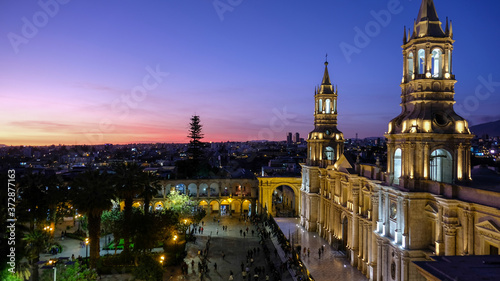 Town square and cathedral in Arequipa at sunset
